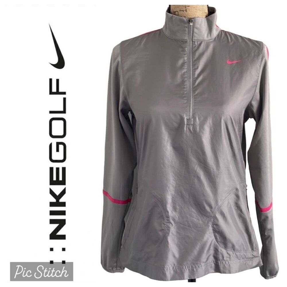 EUC Nike Golf Gray Pink Trim 1/2 Zip Mock Turtle Pullover Windbreaker - Size Sma